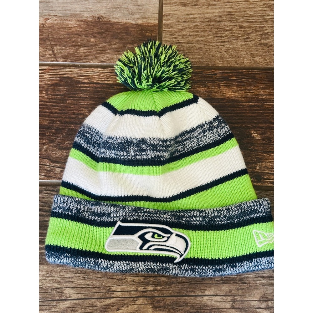 New Era Seattle Seahawks Winter Fleece Lined Pom Beanie Stocking Hat Cap NFL